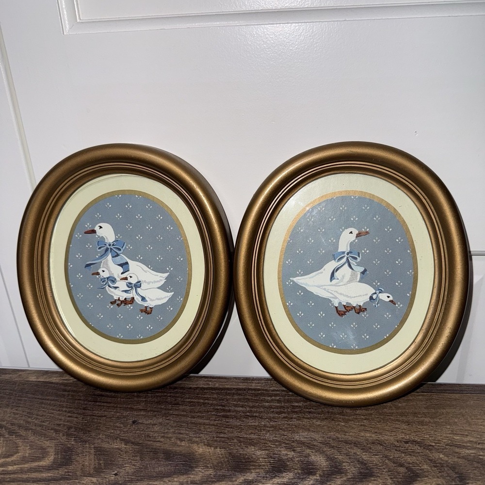 Vintage 1986 Homco Country Blue Ribbon Geese 2 Pc Set Wall Art Cottage Core 8"